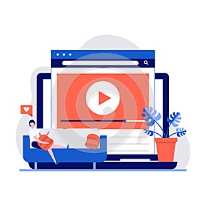 Online video service concept with character. People watching TV and streaming video blog at home. Internet movies hosting. Modern