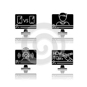 Online video watching drop shadow black glyph icons set