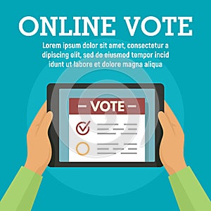 Online vote on tablet concept banner, flat style