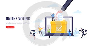 Online voting concept flat style design vector illustration. Tiny people with voting poll online survey working together