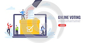 Online voting concept flat style design vector illustration. Tiny people with voting poll online survey working together