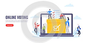 Online voting concept flat style design vector illustration. Tiny people with voting poll online survey working together