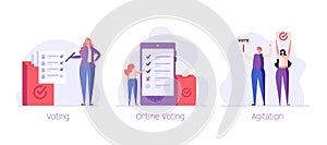 Online Voting and Election Campaign. People Voting with Vote Box and Calling for Vote. Concept of Election Day, Making Choice,