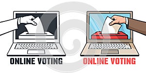 Online voting in elections - a hand drops a bill into a box in a laptop