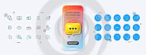 Online voting, Launder money and Web shop line icons. For web app, printing. Phone mockup with 3d chat icon. Vector