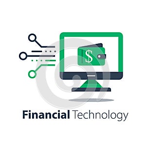 Online wallet, computer monitor and wallet, banking services, internet payment, sending money