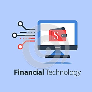 Online wallet, computer monitor and wallet, banking services, internet payment, sending money