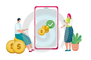 Online wallet, mobile payment via smartphone internet technology, vector illustration. Online banking, shopping, wallet