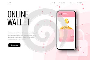 Online wallet at phone screen with 3d isometric coins. Realistic pink leather wallet, finance security.