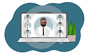 Online webinar or online training. Laptop with the image of online communication of men and women. Vector