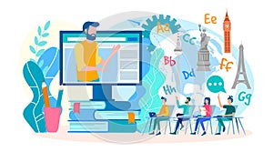 Online webinars, foreign language lessons online. Classes in foreign languages in the group online. Vector illustration photo