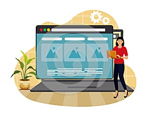 Online Website Builder Concept. Woman using professional website builder software.