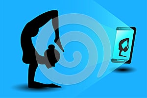 Online yoga is doing physical exercise, take online classes on laptop, Home activity vector illustration