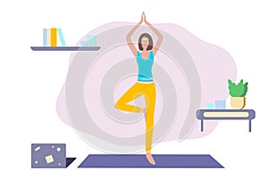 Online yoga and fitness vector. Female doing workout from home. Healthy lifestyle concept