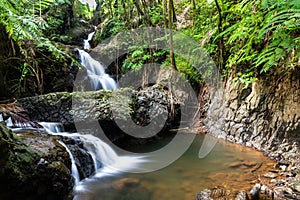 Onomea waterfall, Hawaiian Tropical Botanical Garden, Hili, Hawaii. Surrounded by tropical forest, pool and rocks below.