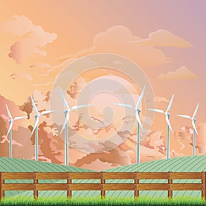 Onshore wind turbines at dawn