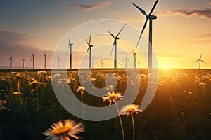 Onshore wind turbines are part of renewable and clean energy on the sunset and blooming fields