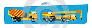 onstruction machines, car with crane, vehicles for transportation, concrete mixer. photo