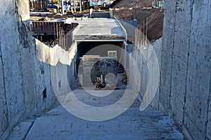 Ð¡onstruction of an underground pedestrian crossing at the intersection streets. Preparatory work for concreting and pouring the
