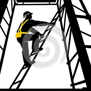 onstruction worker climbing scaffolding,