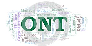 ONT or Ontology cryptocurrency coin word cloud.