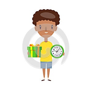 Ontime delivery service. Young logistic man in shorts and t-shirt standing, holding box and watch on white background.