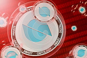 Ontology crash, bubble. Ontology ONT cryptocurrency coins in a bubbles on the binary code background