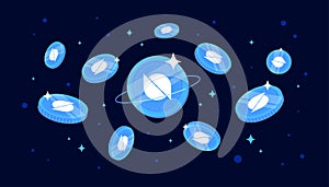 Ontology ONT coins falling from the sky. ONT cryptocurrency concept banner background photo