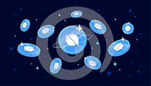 Ontology ONT coins falling from the sky. ONT cryptocurrency concept banner background