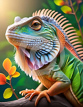 Colorful iguana a tree with flowers in bright colors