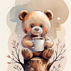 Teddybear with coffee and flowers cartoon