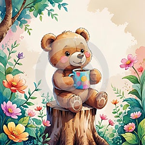 Teddybear with coffee and flowers cartoon