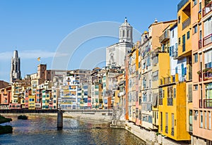 Onyar river crossing the downtown of Girona. Spain