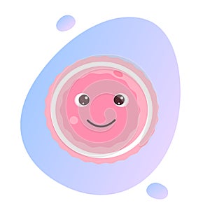 Oocyte with eyes and a smiling mouth on a gradient abstract background. Cartoon egg, concept of donation, charity