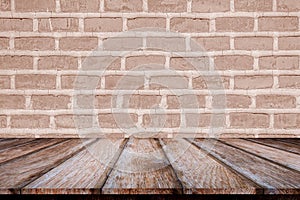 ood table, empty wooden table top over braun brick wall background, Wood desk,