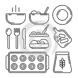 Ð¡ooking icon set. Vector. Plate with hot dish, empty plate, cutlery, fork, plate, knife, flour, baking, kitchen board