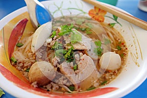 Ooking, Pork noodles with fish ball,hot and sour soup