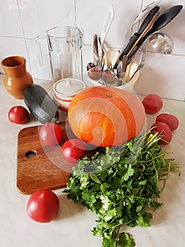 Ð¡ooking. Vegetable composition in the kitchen. Pumpkin and zucchini.