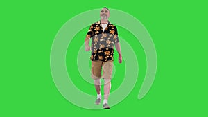 Ool grandpa tourist walking and looking to the sides on a Green Screen, Chroma Key.