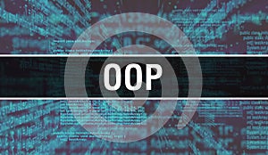 OOP with Digital java code text. OOP and Computer software coding vector concept. Programming coding script java, digital program