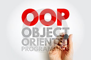OOP Object-oriented programming - based on the concept of objects, which can contain data and code, acronym text concept