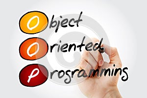 OOP Object-oriented programming - based on the concept of objects, which can contain data and code, acronym text with marker
