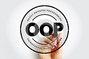 OOP Object-oriented programming - based on the concept of objects, which can contain data and code, acronym text stamp concept