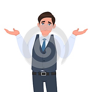 Oops! Sorry! I don`t know! Confused young man in formal waistcoat shrugging shoulders and raised hands.  Male character design.