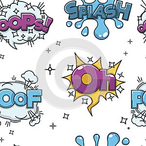 Oops and splash oh and poof comic sounds visualization seamless pattern