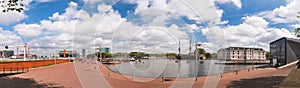 Oosterdock, Eastern dock panorama view with the Nemo Science Museum in the background. Amsterdam, the Netherlands