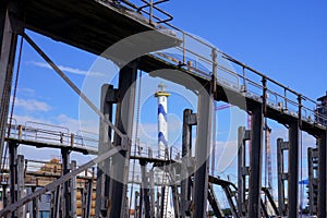 Oosteroever, Ostend, Belgium. Lighthouse as seen from the historic slipway. photo