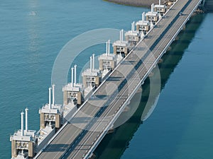 The Oosterscheldekering is a flood defense system in the Netherlands, part of the Delta Works, in the provinces of