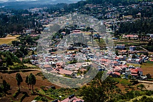 Ooty city aerial view, Ooty Udhagamandalam is a resort town in the Western Ghats mountains, Tamil Nadu.