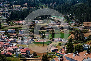 Ooty city aerial view, Ooty Udhagamandalam is a resort town in the Western Ghats mountains, Tamil Nadu.